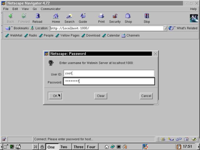 The initial Webmin login dialog box open over a Netscape browser window.