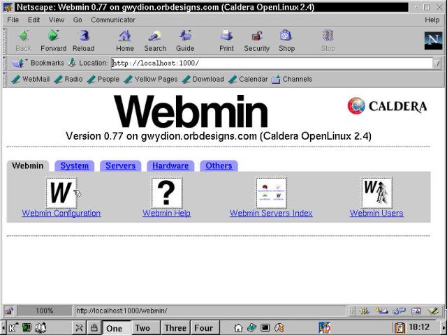 The Webmin introductory browser page shows the five section tabs.