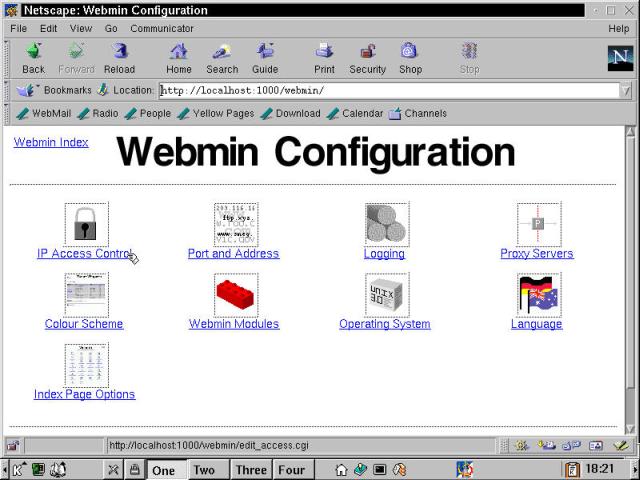 The Webmin Configuration page: access to nine different tools.