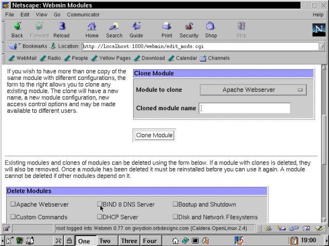 The Webmin Modules configuration page: Clone and Delete modules shown.