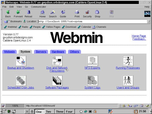 The Webmin System configuration modules page shows eight possibilities. 