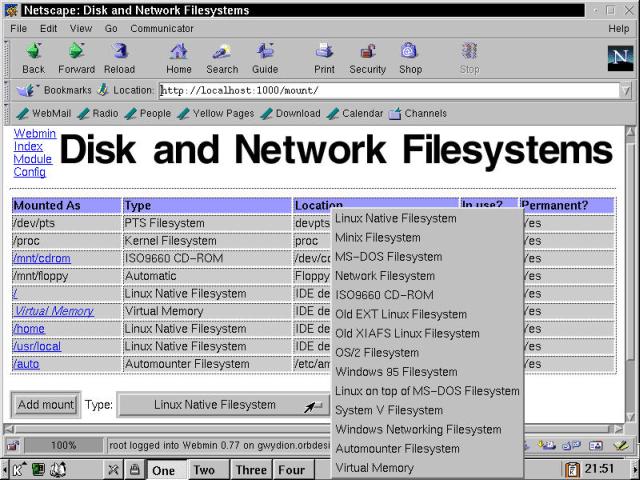 Disk and Network Filesystems page: the file system type list is open.