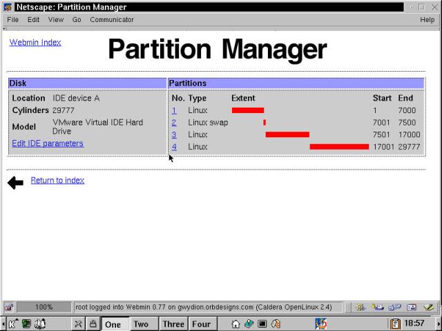 The Webmin Partition Manager module showing four partitions on a single drive.