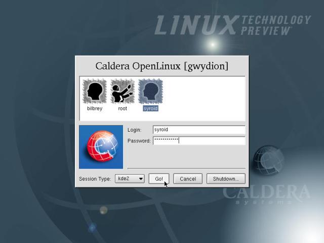 The KDE 2.0 Login Screen in Caldera OpenLinux eDesktop 2.4.