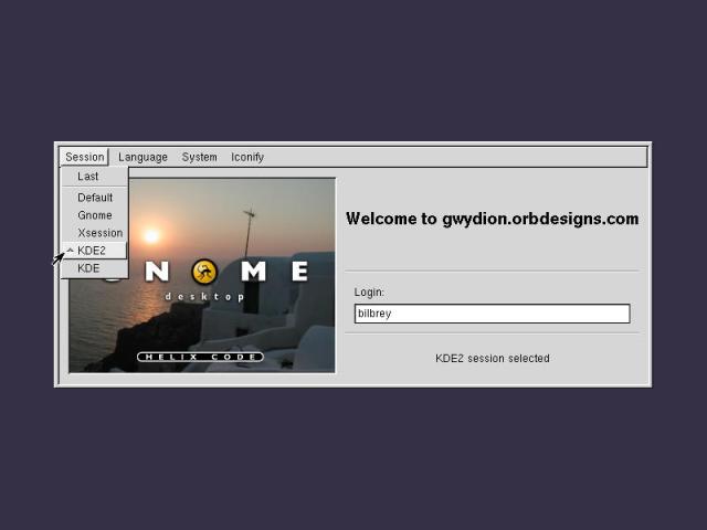 The Gnome desktop login dialog box, with KDE2 and KDE sessions added.