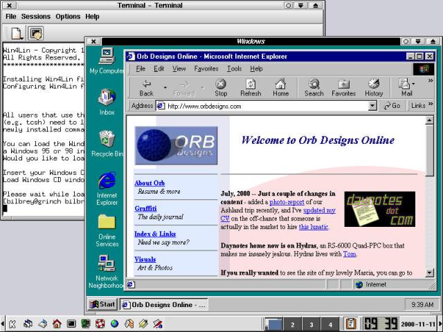 In OpenLinux 2.4, Win4Lin 2.0 Beta 5 running Windows 95 and IE 5.