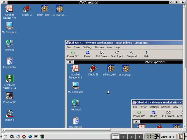 VNC in a tricky spot, viewing Windows 2000 Pro, eDesktop, and itself, recursively.