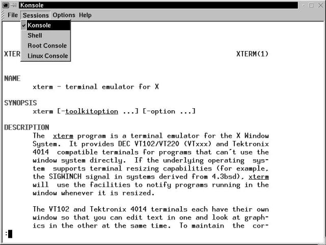 A Konsole virtual terminal, shown selecting a running Konsole session