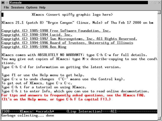 The opening Emacs screen shows you how to get help and quit.