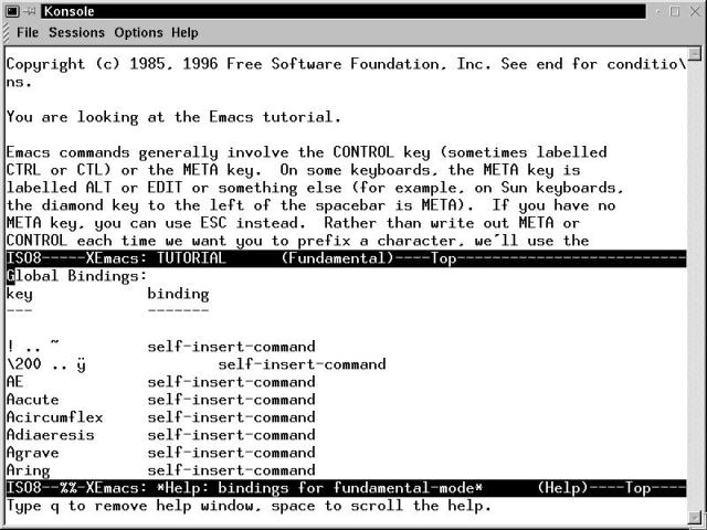 The Emacs editor shows a split window; the upper window displays the tutorial, and the lower window lists the program's key bindings.
