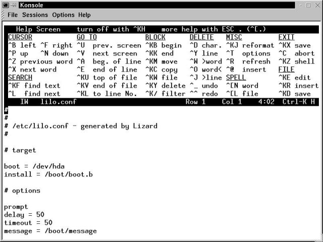 The Joe editor, shown in a terminal window with its help facilities enabled.