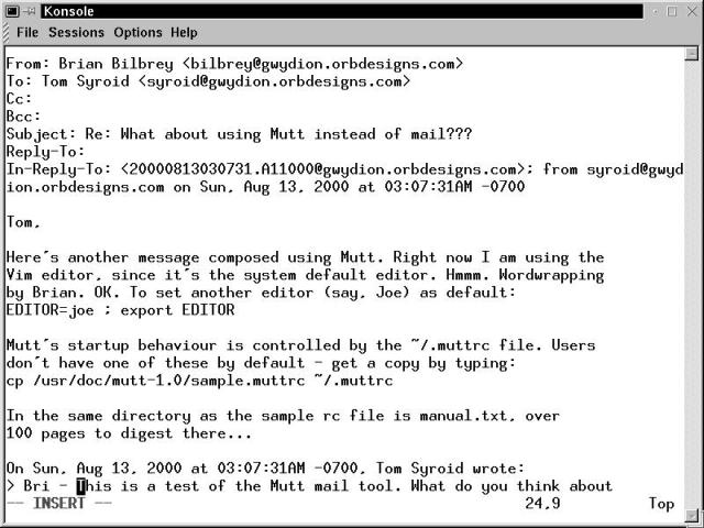 vi message editor window invoked by mutt, with header information shown.