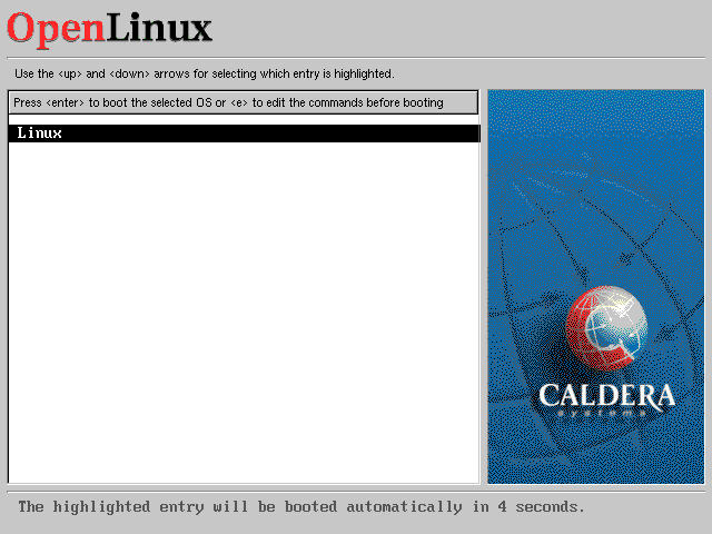 OpenLinux bootloader menu screen generated by GRUB
