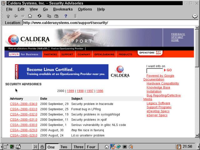 The Caldera Security Advisories Web page shows recent vulnerabilities.
