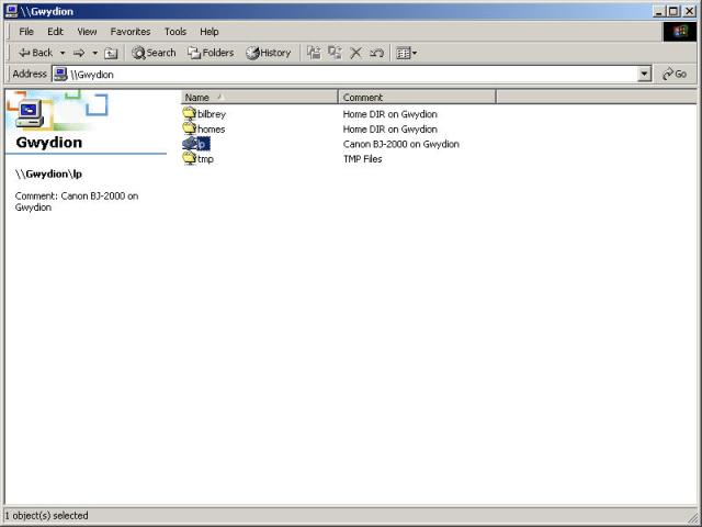 A Windows 2000 view of Samba shares including the lp printer.