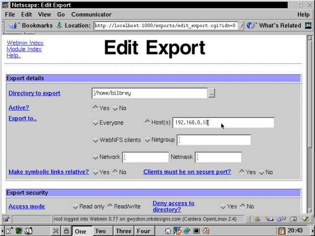 Using Webmin to edit NFS Exports.