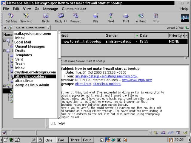Netscape Messenger connected to a Leafnode news server, both in OpenLinux.