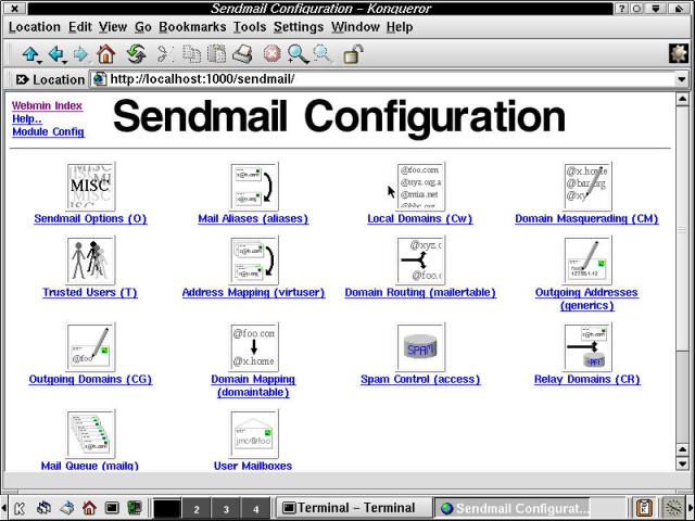 Webmin's Sendmail Configuration module, seen in Konqueror (KDE 2.0)