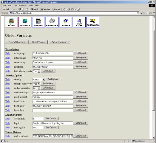 The Samba SWAT configuration utility, seen from Internet Explorer 5